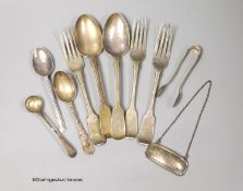 Nine items of assorted 19th century and later silver flatware and a silver 'Whiskey' wine label, 9.