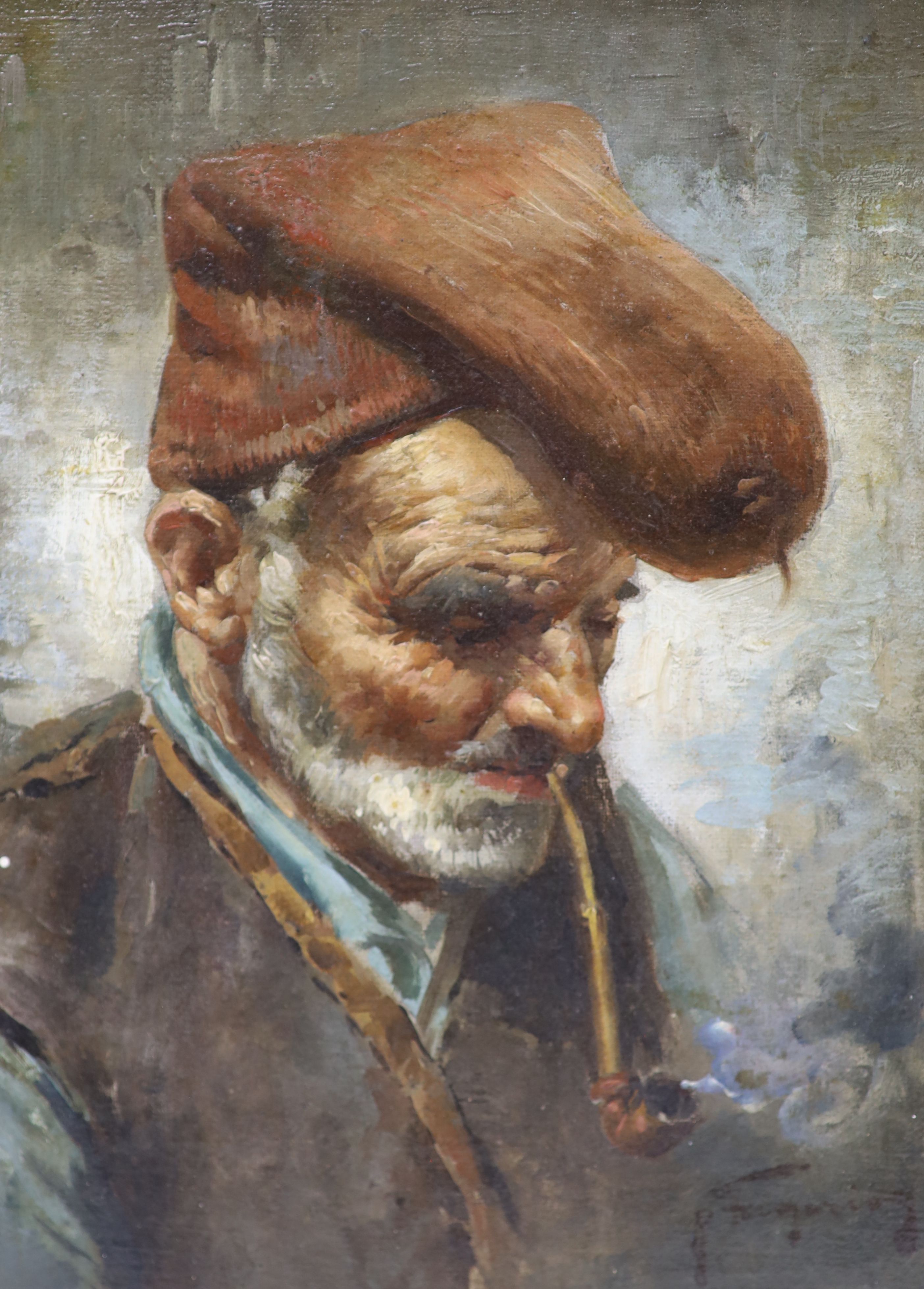 Italian School, oil on canvas, Portrait of a pipe smoker, indistinctly signed, 23 x 16cm