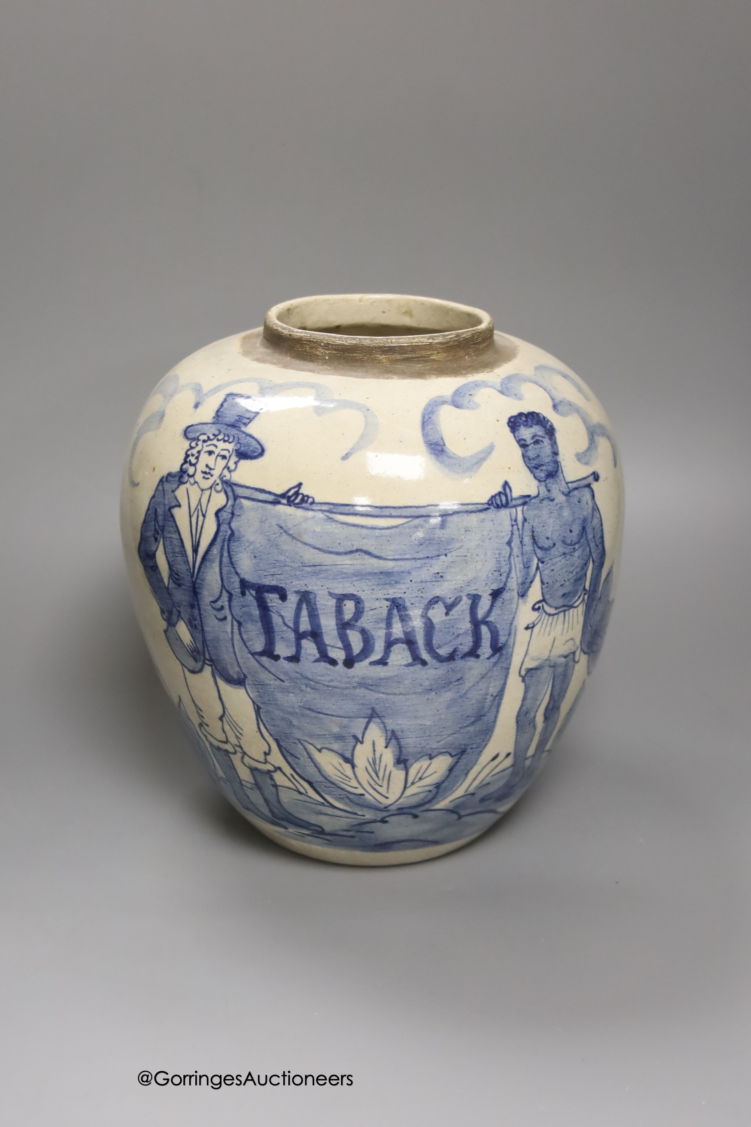 A tin-glazed terracotta barber's bowl dated 1819, a large ovoid eathenware ‘Taback’ jar and three - Image 8 of 10