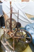 Three 19th century and later spinning wheels. Largest H-114cm