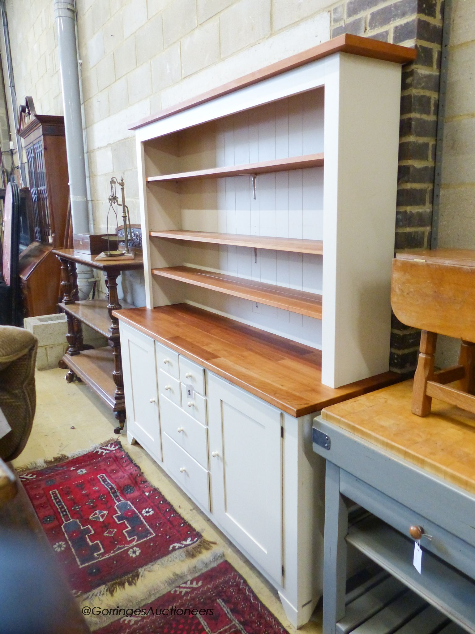 A light green painted kitchen dresser, with pine top and shelves, length 182cm, depth 51cm, height - Image 3 of 3