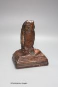 A handmade leather owl, signed H.E. Jackman MC, signed and inscribed underside, height 18cm,