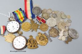 A 1562 shilling and other assorted coinage, two pocket watches and a group of mixed medals