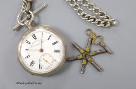 A late Victorian silver open face keywind pocket watch by Barnett & Scott, on a silver albert with