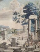 19th century Greek School, ink and watercolour, Figures in a classical landscape interring a corpse