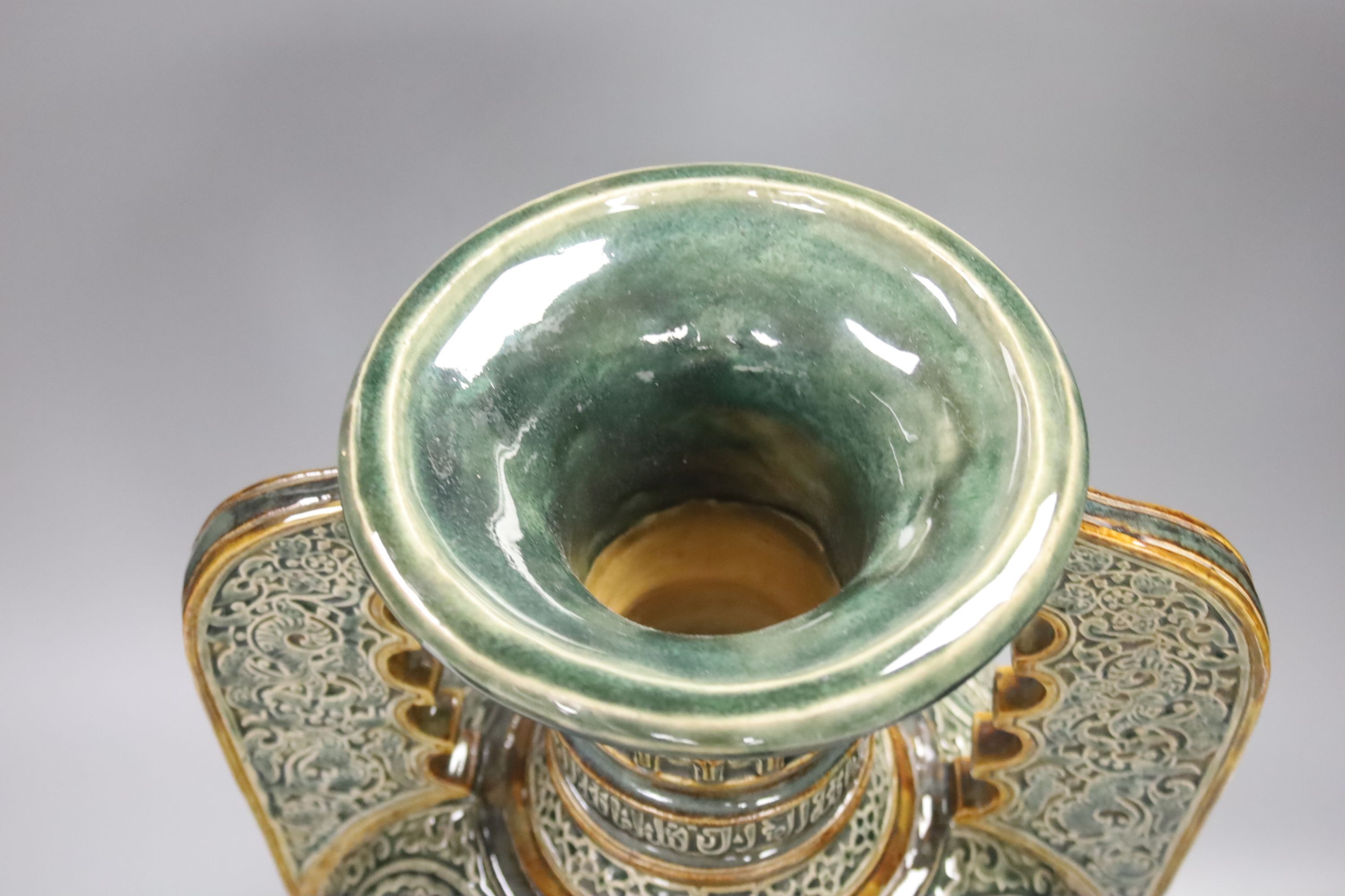 A large Doulton Lambeth Islamic inspired two handled glazed stoneware vase, dated 1880, 47cm, - Image 4 of 5