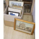 A collection of 18th century hand coloured engravings of churches, together with a cropped print of