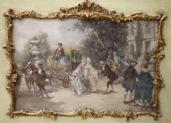 After Vincente Paredes, hand tinted lithograph, Figures outside a chateau, 32 x 49cm, ornate scroll