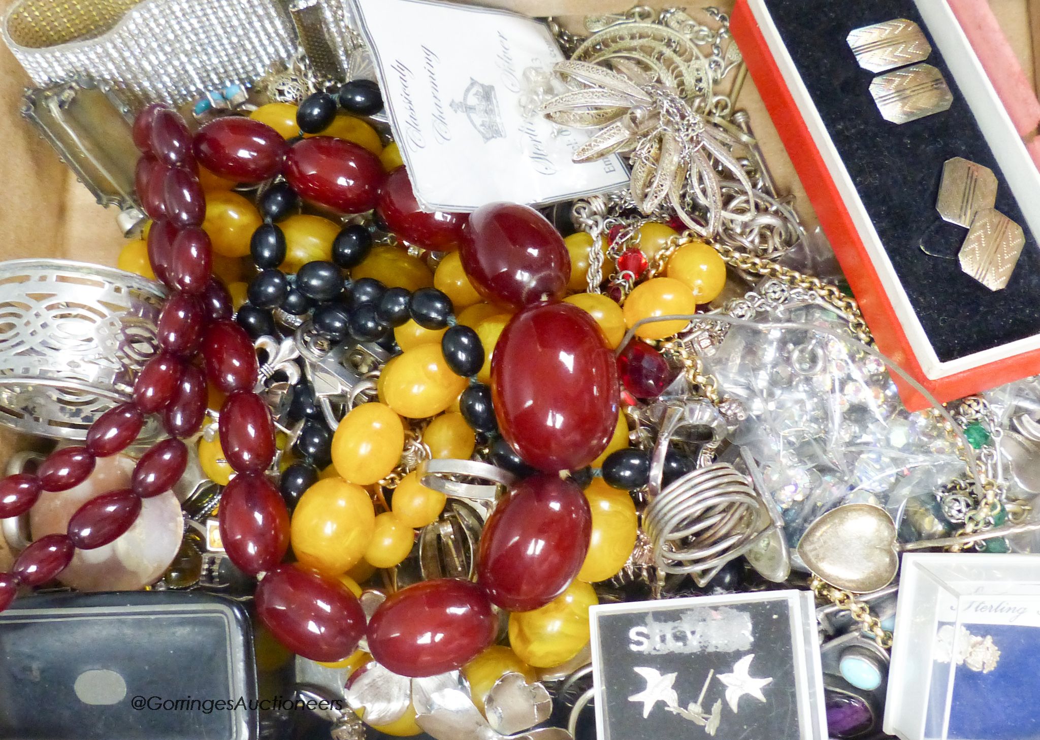Mixed jewellery and silver etc. including a simulated cherry amber necklace, gross 81 grams, silver