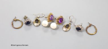 A pair of 9ct gold, amethyst and cultured pearl set drop earrings, 26mm and three other pairs of