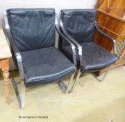 Knoll International style. A pair of Mies Van de Rohe design black leather and chrome cantilever