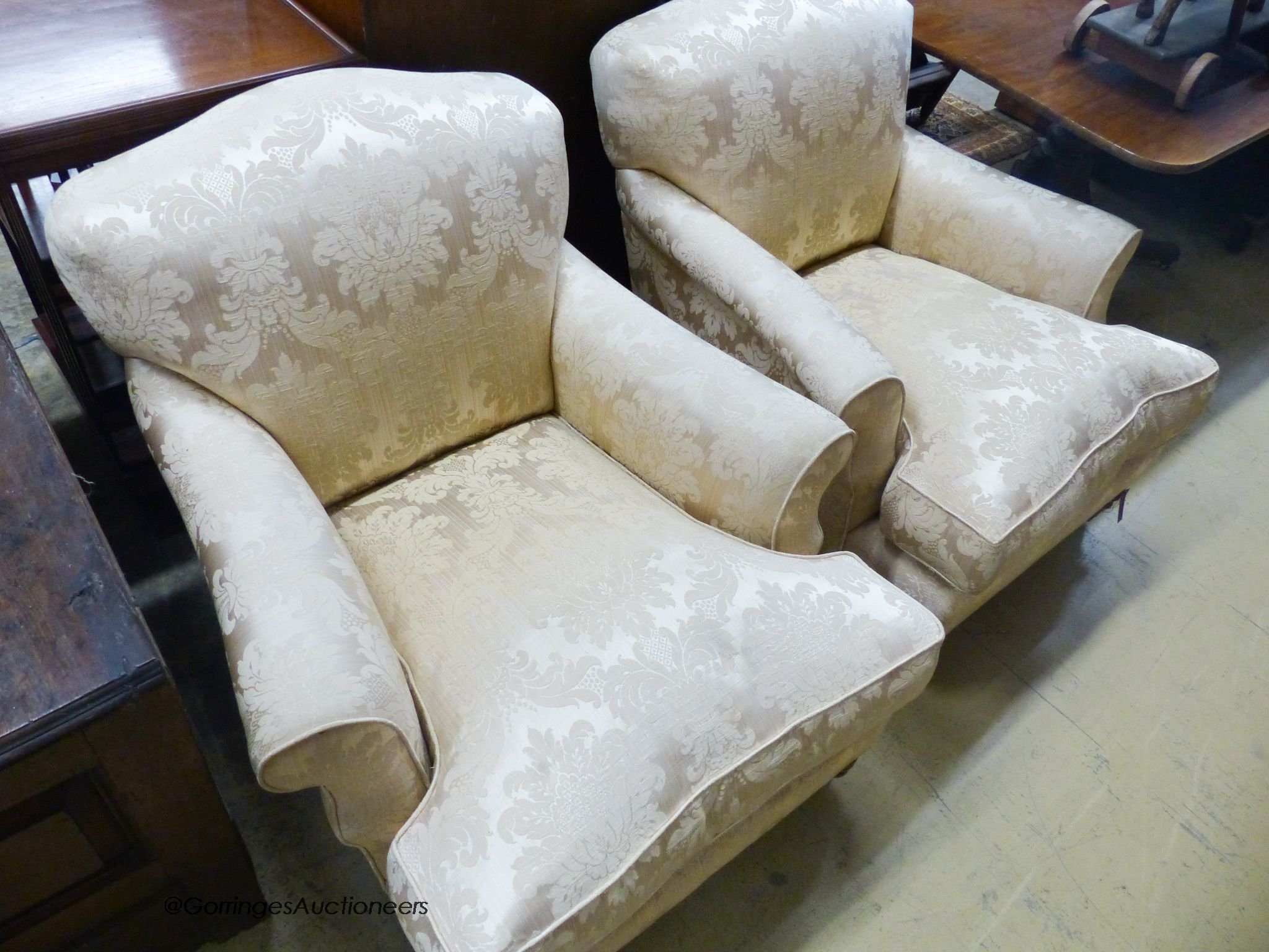 A pair of Howard style cream brocade upholstered lounge armchairs, width 85cm, depth 100cm, height - Image 2 of 2