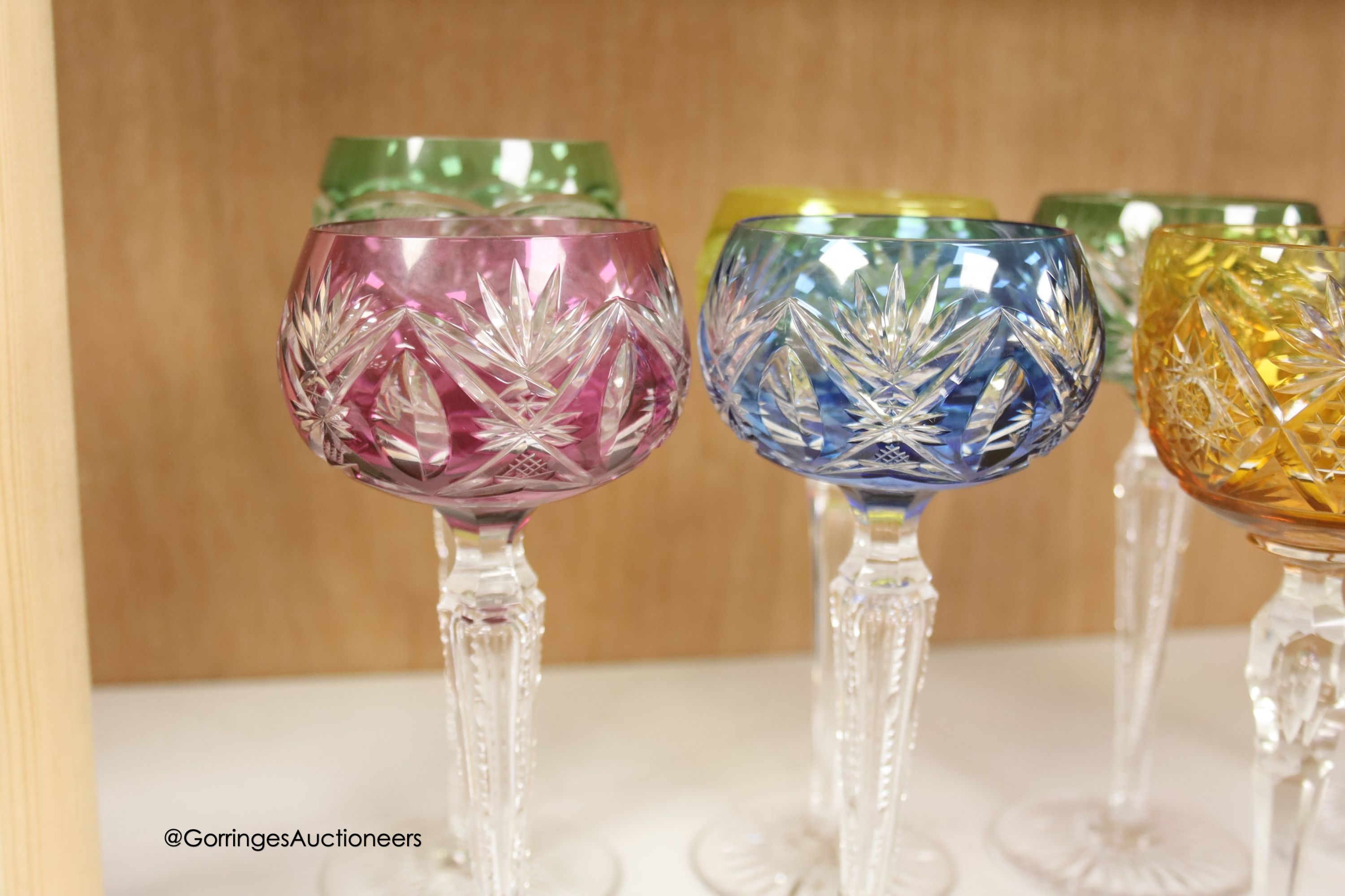 A harlequin collection of flash cut hock glasses, 19th century and later, tallest 21cm - Image 2 of 7