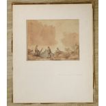 Julius Caesar Ibbetson (1759-1817), ink and wash, Fisherman moving nets, 16 x 20cm, unframed