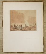 Julius Caesar Ibbetson (1759-1817), ink and wash, Fisherman moving nets, 16 x 20cm, unframed