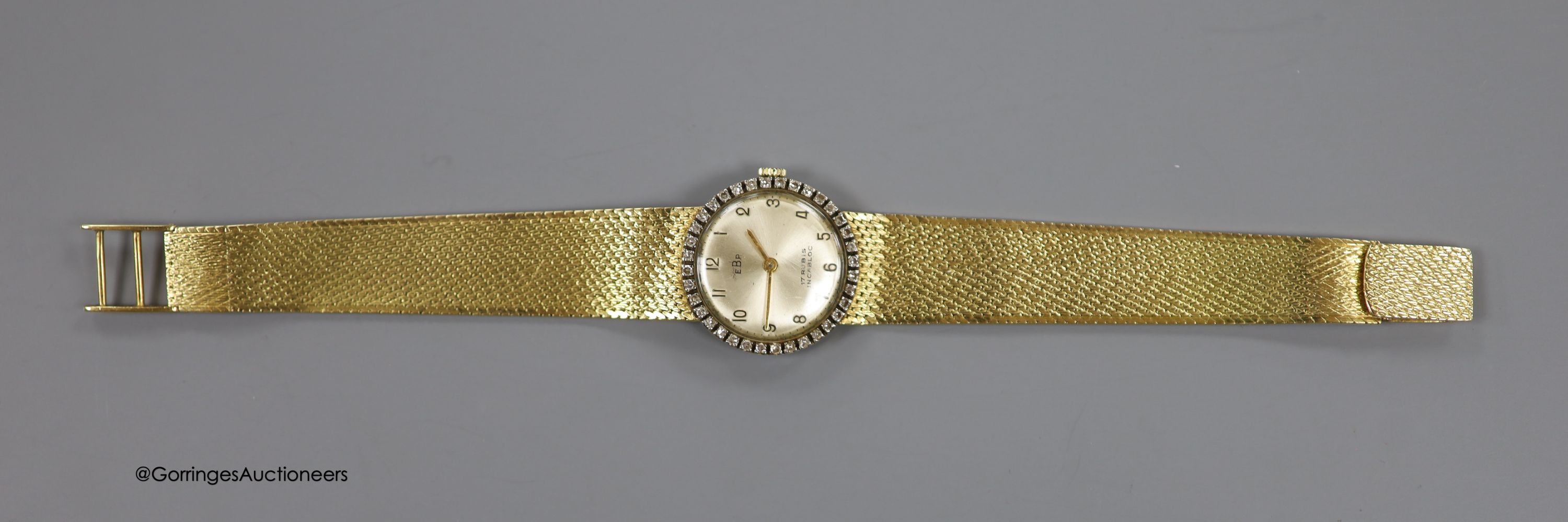 A lady's 18k and diamond set EBP manual wind wrist watch on an integral 750 mesh link bracelet, - Image 2 of 4
