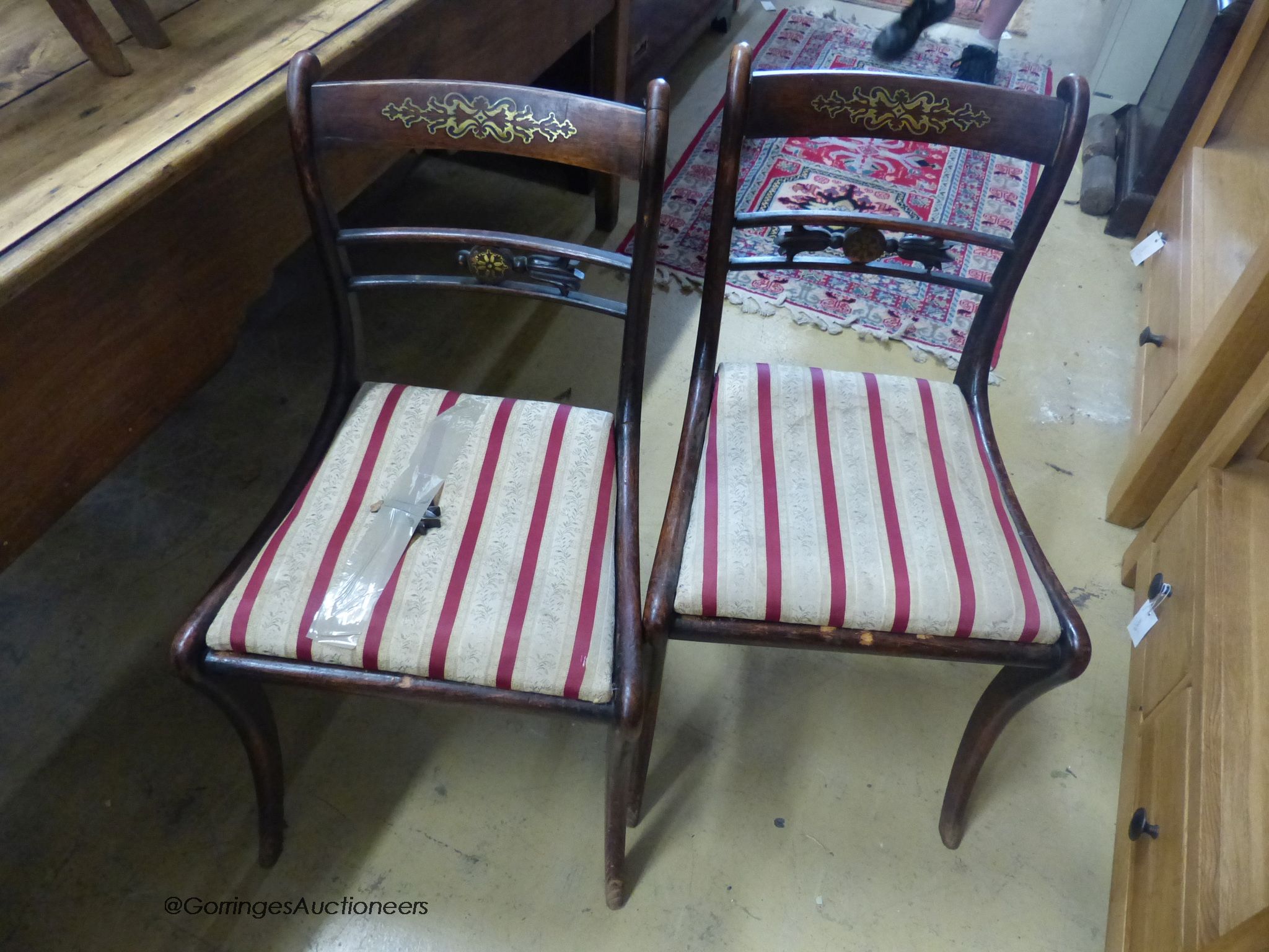 A set of five Regency brass inlaid simulated rosewood cane seated dining chairs - Image 2 of 4
