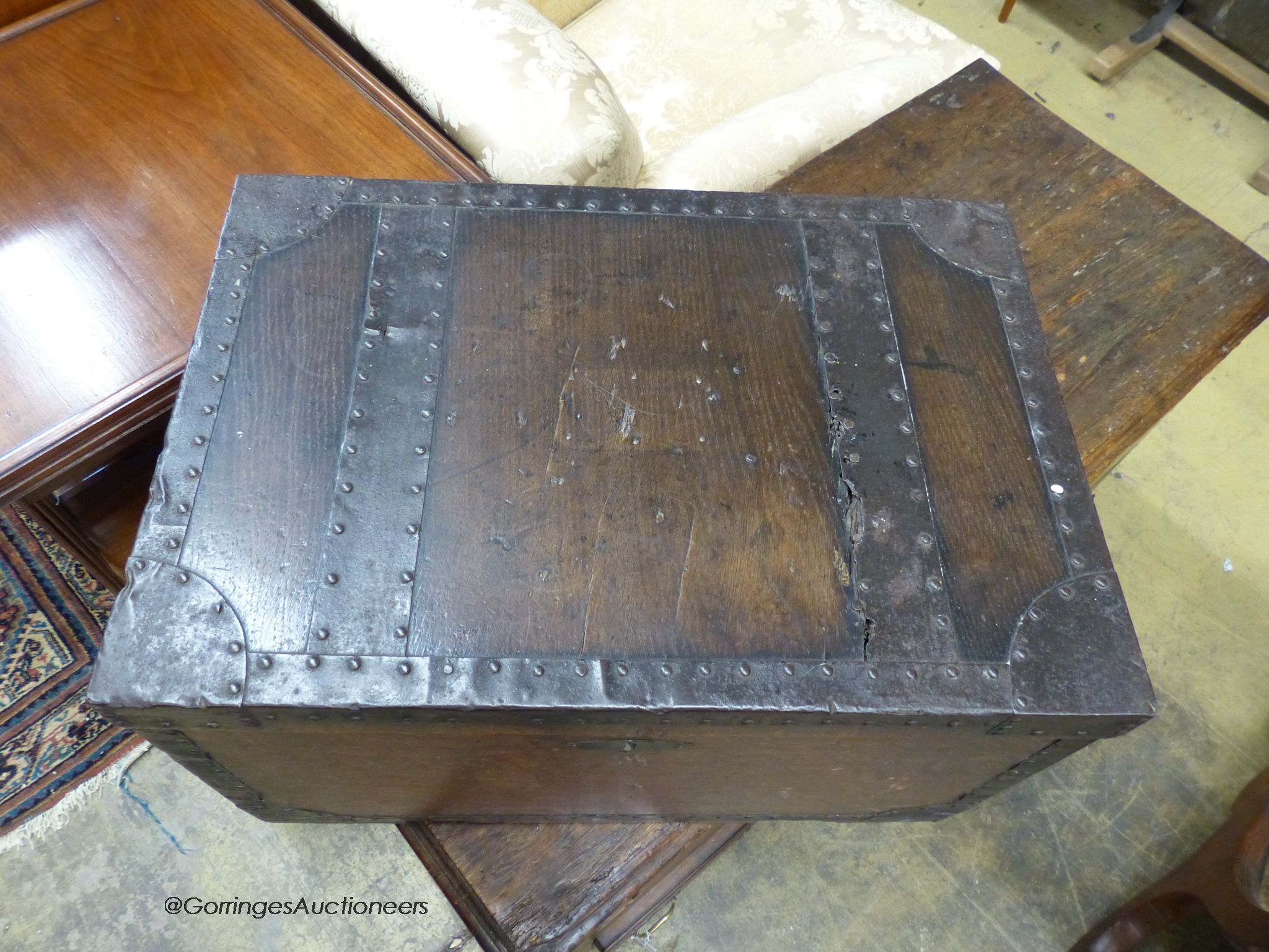 A small Victorian iron-bound oak chest, width 54cm, depth 38cm, height 33cm - Image 4 of 4