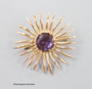 A Middle Eastern yellow metal and synthetic colour change corundum set brooch, 41mm, gross weight