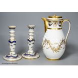 A 19th century Paris porcelain coffee pot and a pair of Dresden candlesticks, tallest 24cm