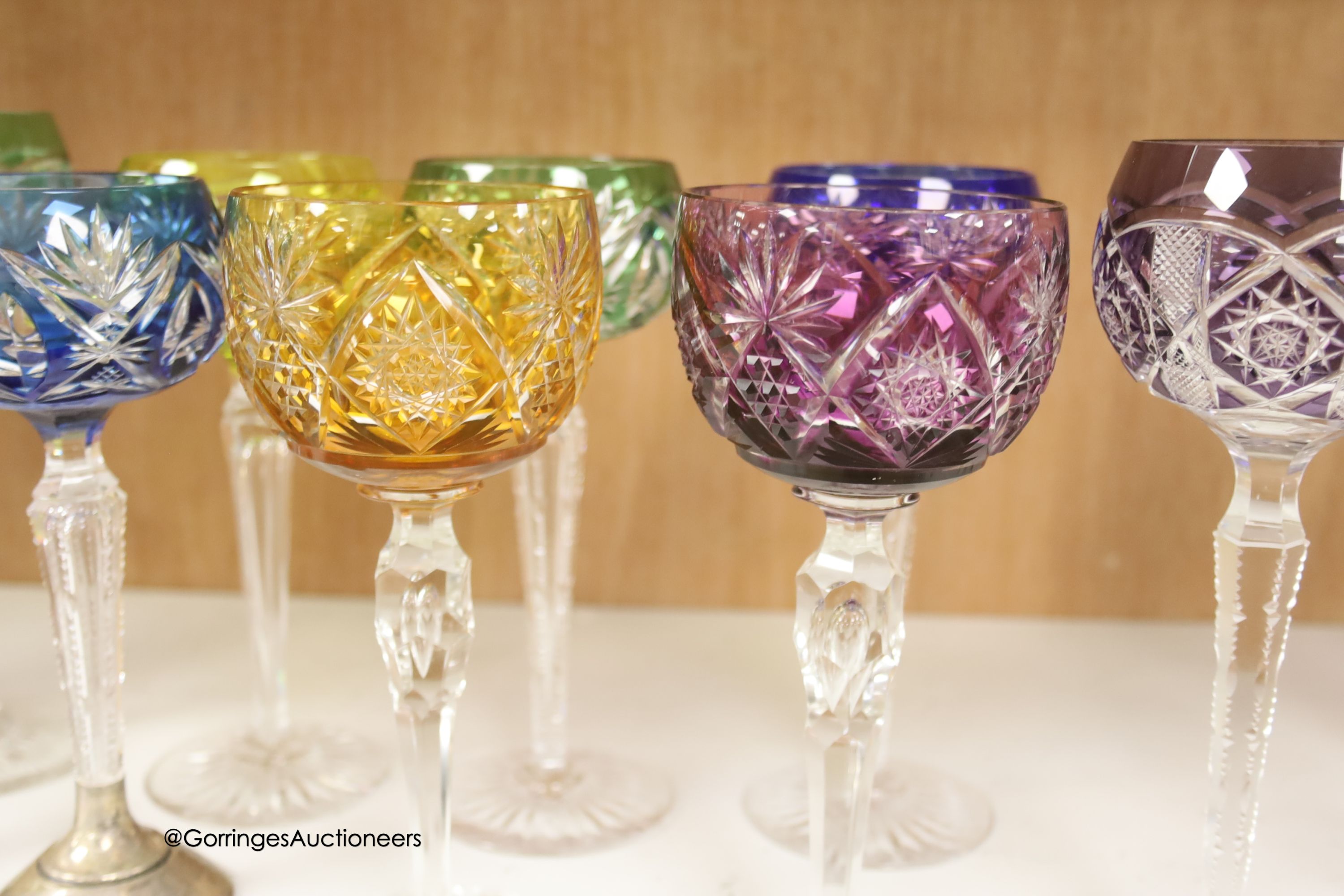 A harlequin collection of flash cut hock glasses, 19th century and later, tallest 21cm - Image 3 of 7