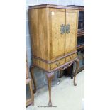 A Queen Anne style brass mounted walnut veneered bar cabinet on stand, width 84cm, depth 53cm,