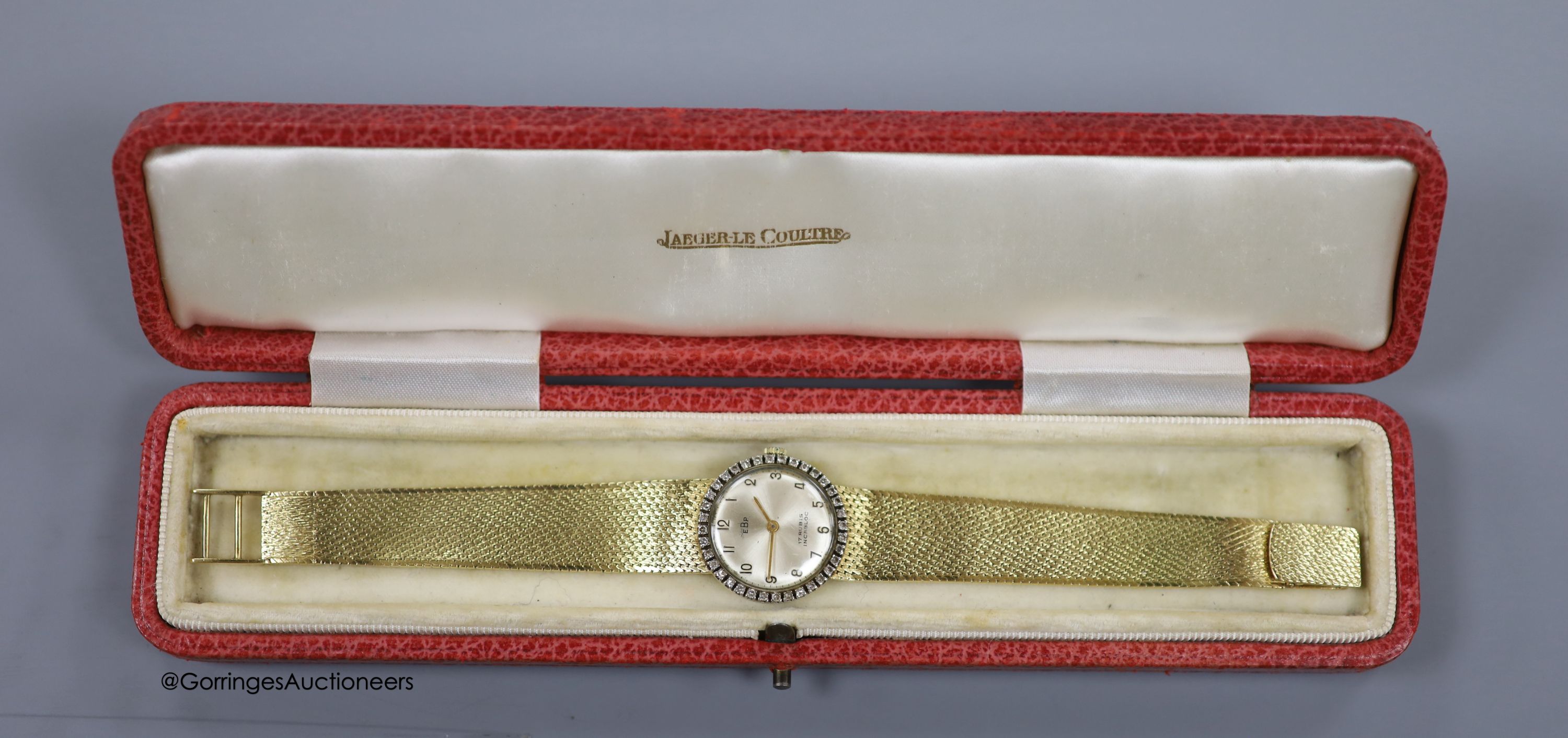 A lady's 18k and diamond set EBP manual wind wrist watch on an integral 750 mesh link bracelet, - Image 4 of 4