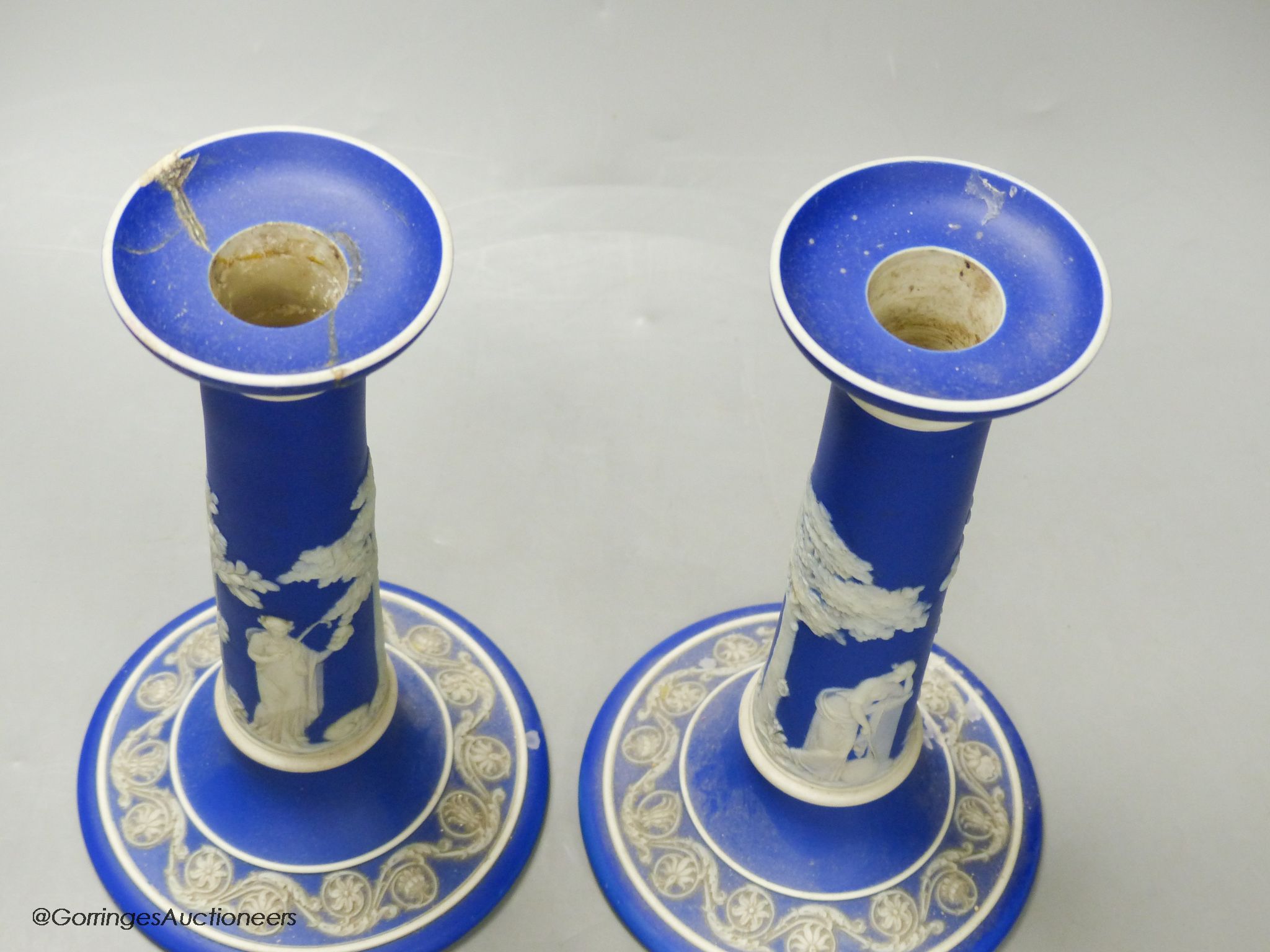 A pair of 19th century Wedgwood blue jasper candlesticks, height 20cm (a.f.) - Image 3 of 4
