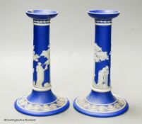 A pair of 19th century Wedgwood blue jasper candlesticks, height 20cm (a.f.)