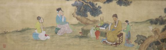 Japanese School, watercolour on paper, Figures seated in a garden, 36 x 112cm