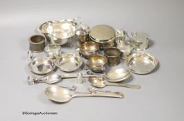 A group of minor silver including a George V trinket box, sauceboat, pair of soup spoons, pair of