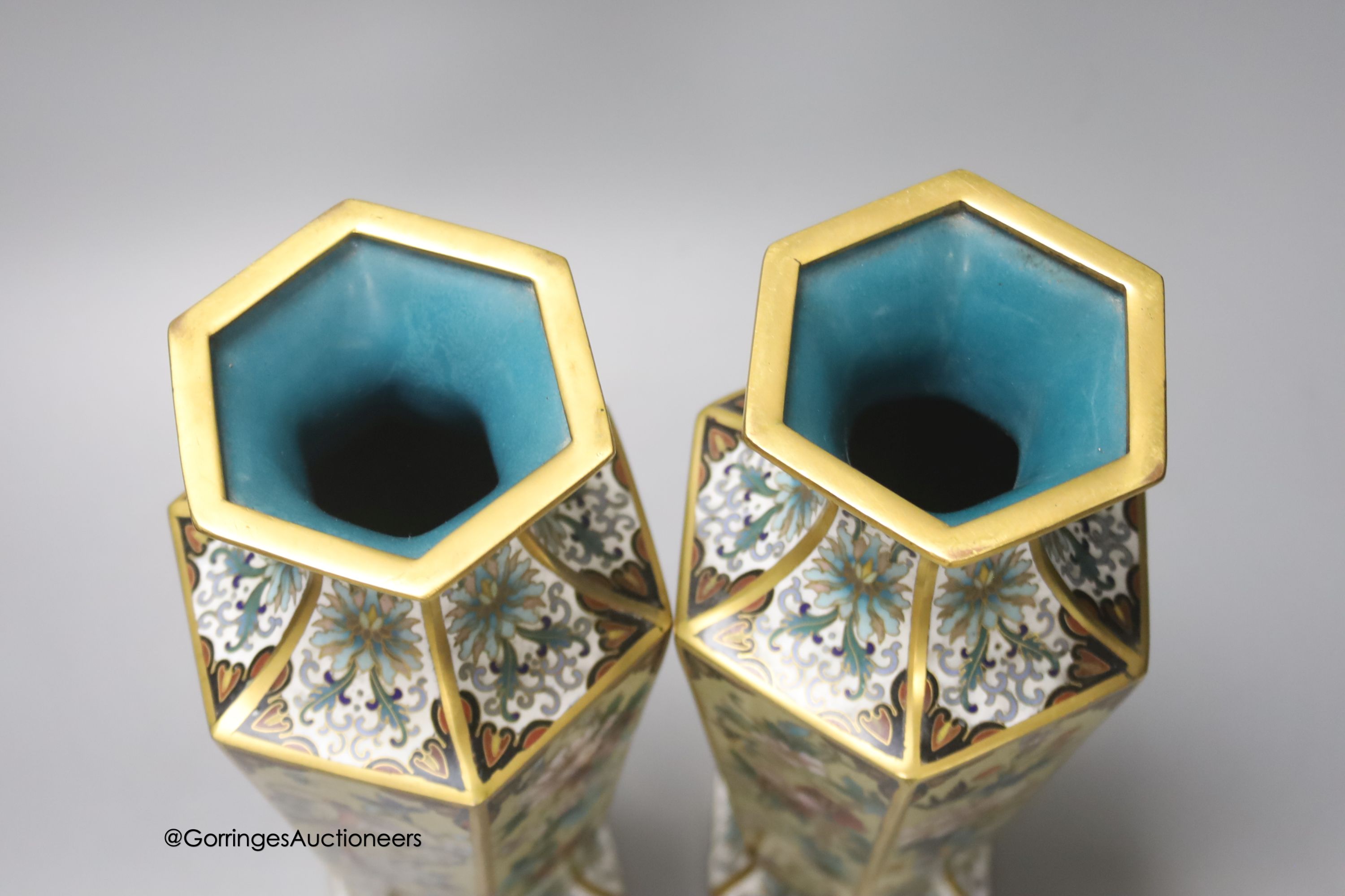 A pair of Chinese cloisonne enamelled hexagonal vases, 26cm - Image 3 of 4