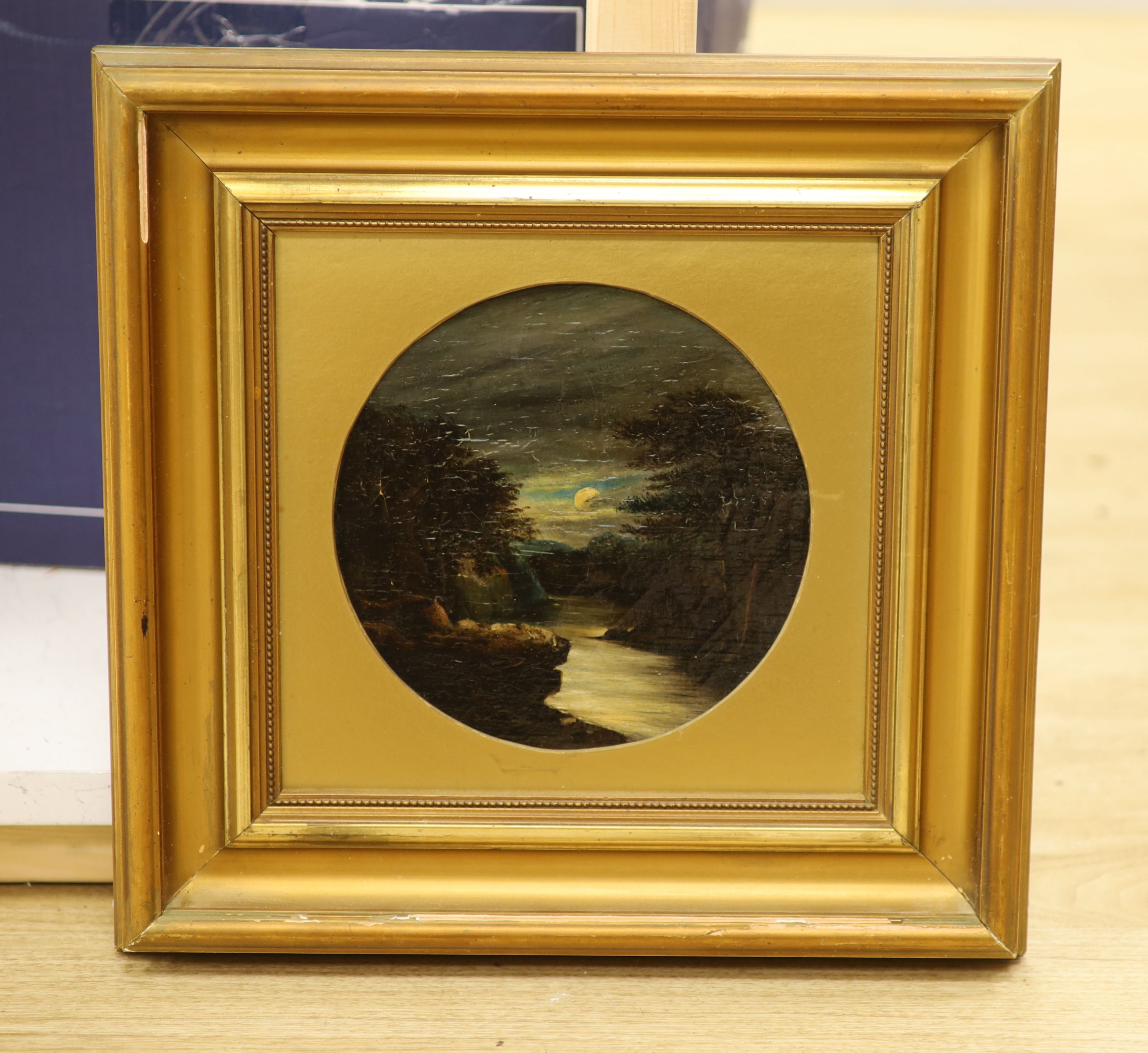 Victorian School, oil on canvas, Moonlit river landscape, framed tondo, 19cm - Image 2 of 3