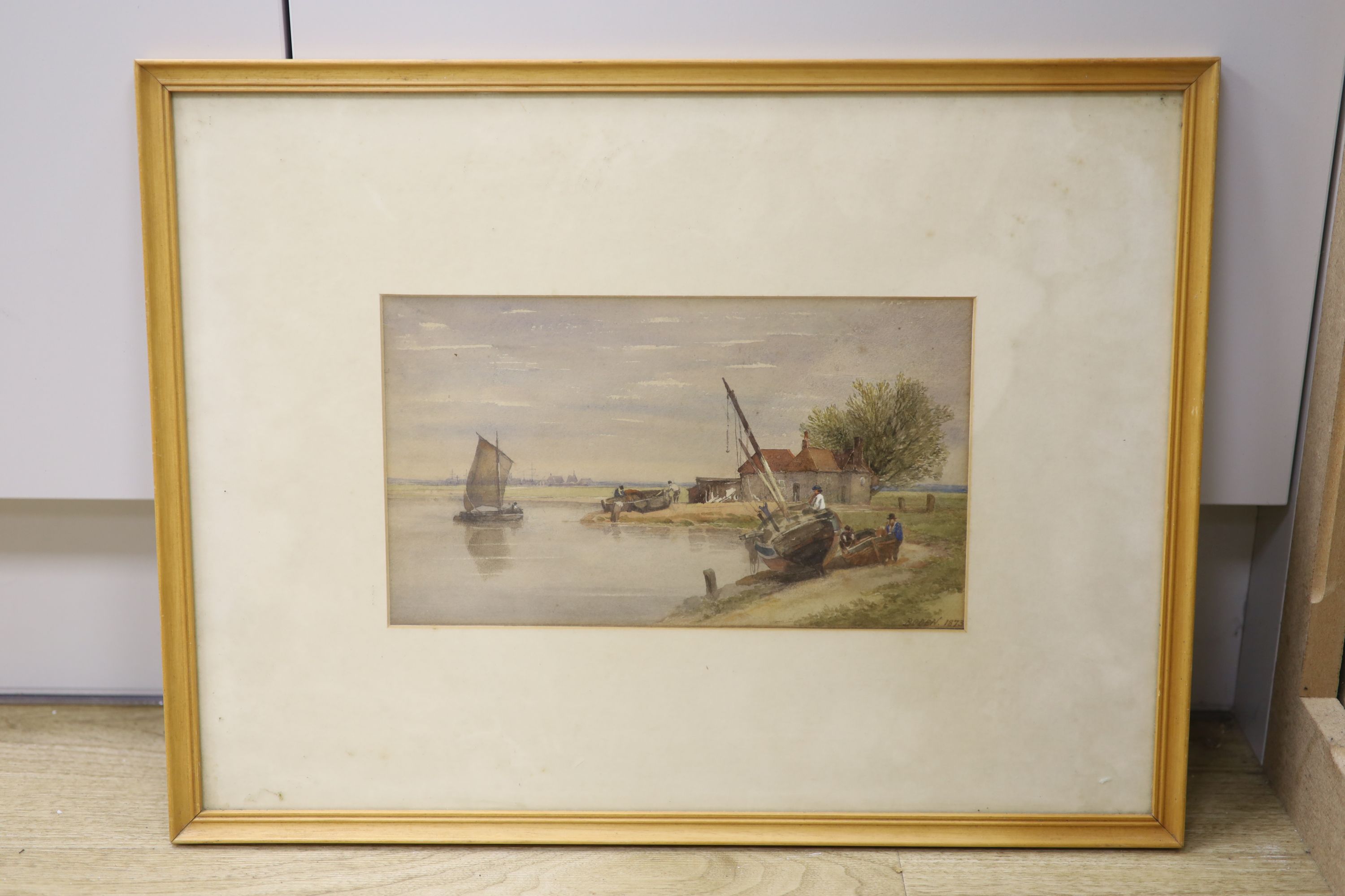 Samuel Standige Boden (1826-1882), watercolour, Estuary scene, signed and dated 1873, 16 x 28cm - Image 2 of 4