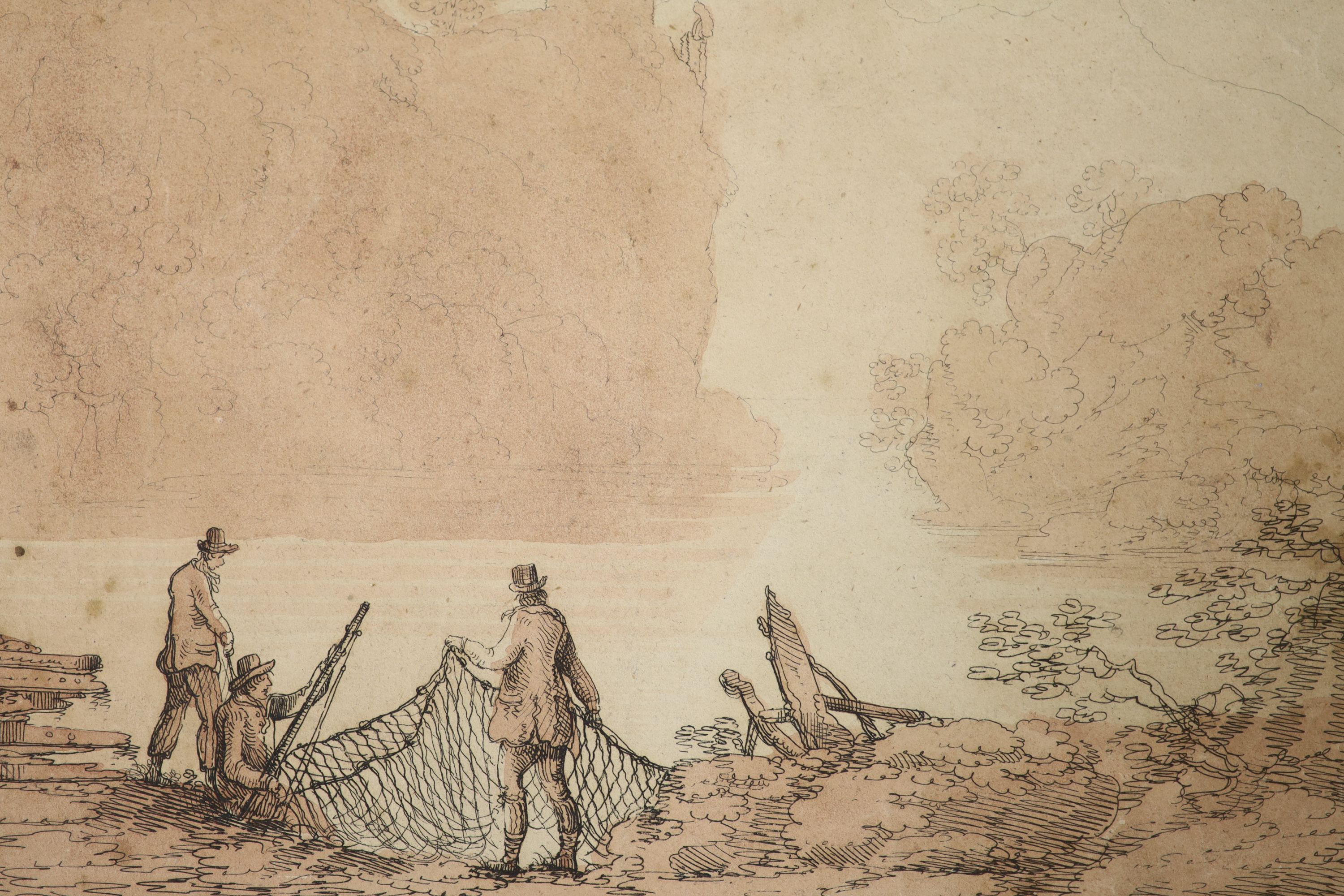 Julius Caesar Ibbetson (1759-1817), ink and wash, Fisherman moving nets, 16 x 20cm, unframed - Image 2 of 2