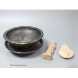 A Roman oil lamp, an ancient terracotta figure and two pre-Columbian bowls, 18cm