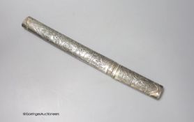 A Japanese short sword within embossed scabbard, blade 19cm