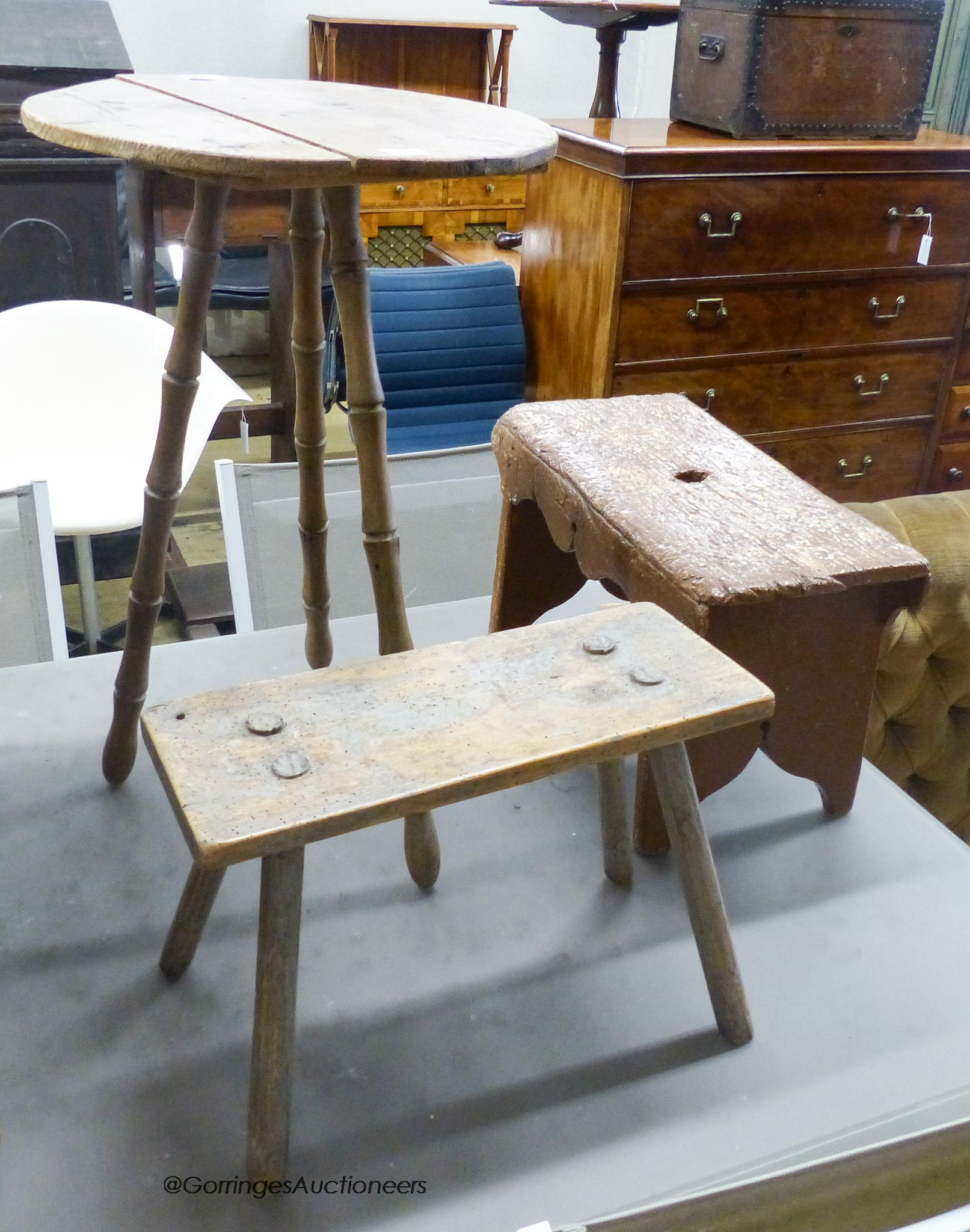 A pine gyspy table, width 43cm, height 67cm, together with two provinical stools - Image 2 of 2