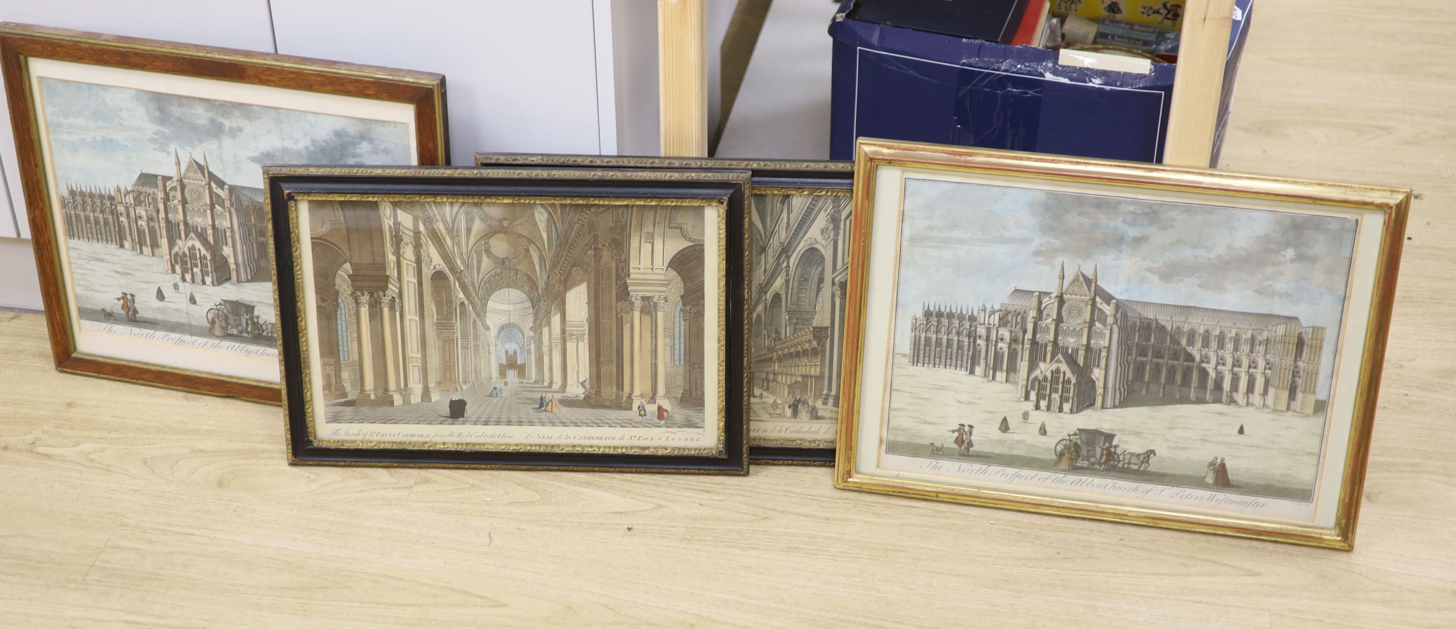 Four assorted 18th century hand coloured engravings of St Paul's Cathedral after Cole and Bowles,