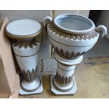 An Italian painted urn on pedestal and a similar pedestal. Largest 132 height.