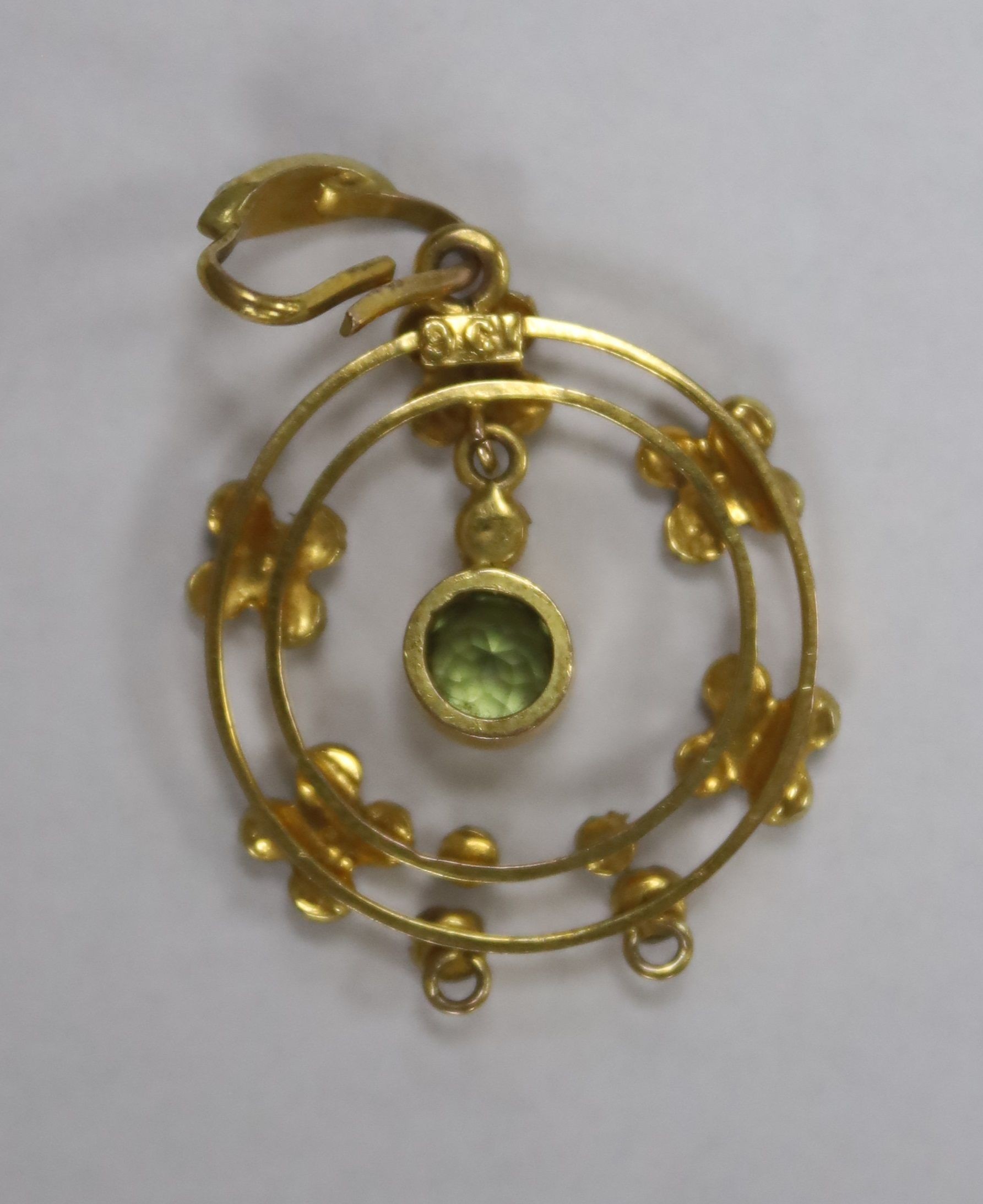 An early 20th century 9ct, peridot and seed pearl set drop pendant, overall 35mm, gross weight 2.1 - Image 2 of 2