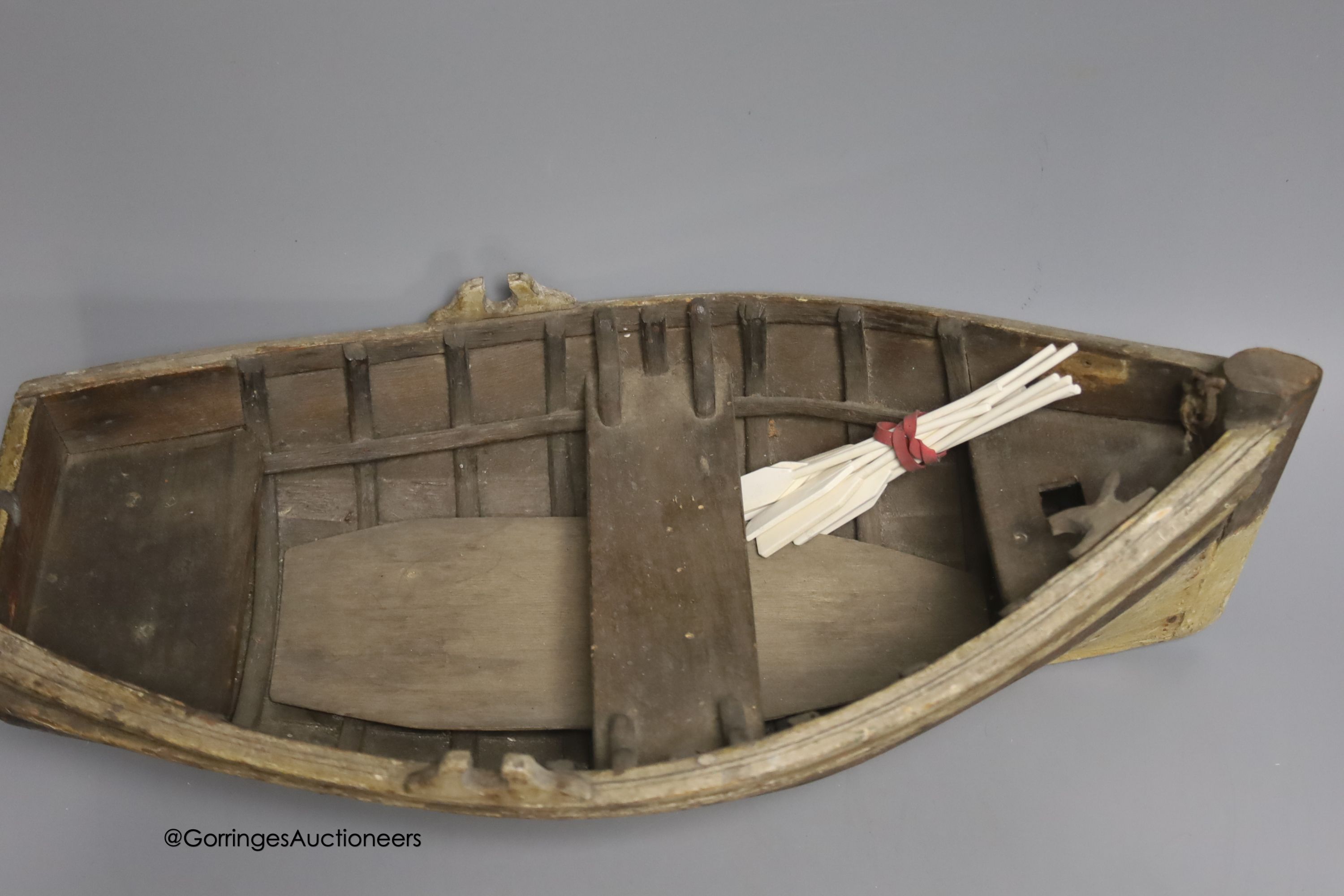 A clinker-built wood rowing boat, 41cm, and four smaller boat models - Image 8 of 8