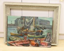 Paul Holmes, oil on board, Fishing boats in harbour, signed and dated 1951, 56 x 81cm