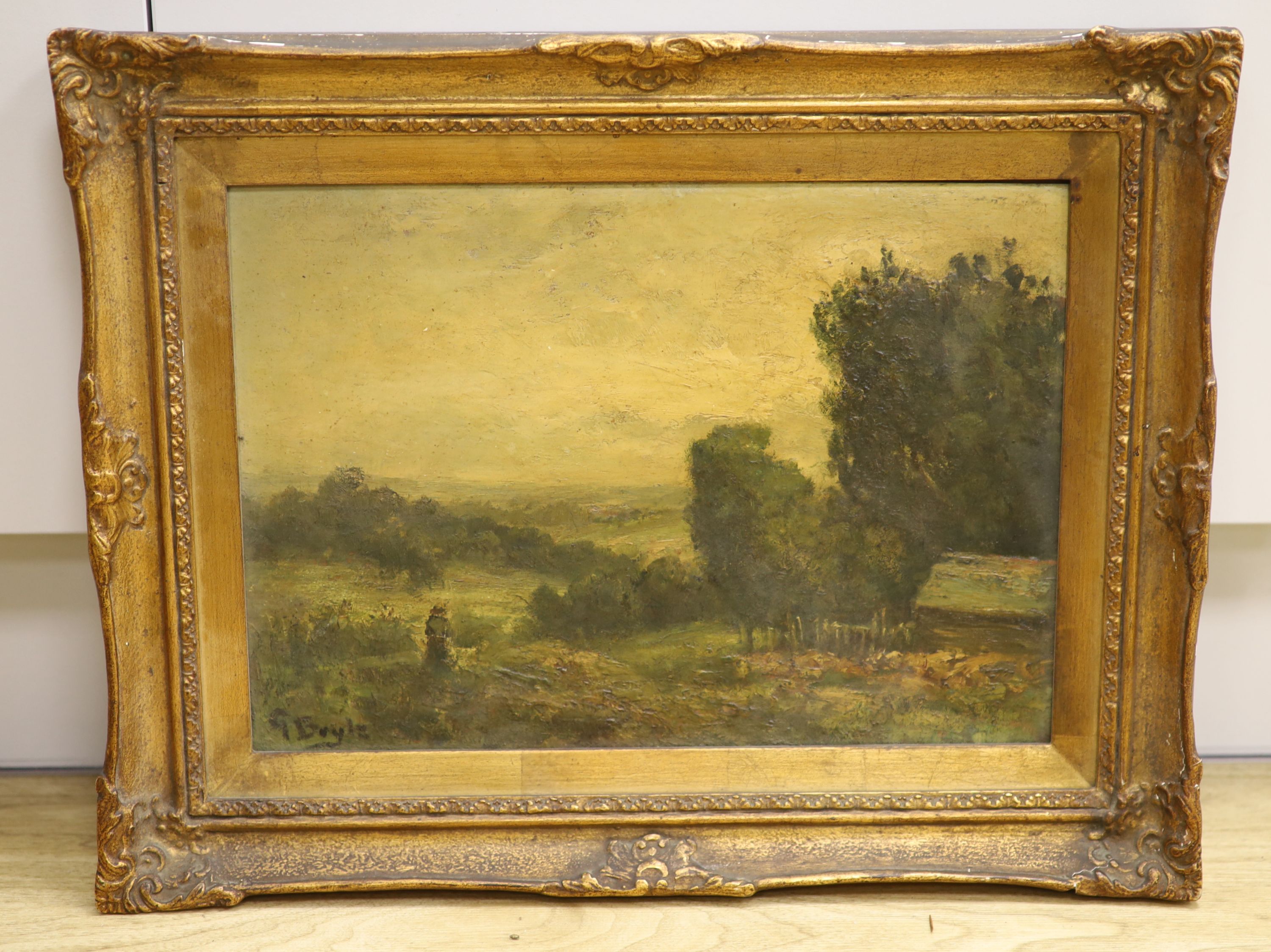 George Boyle (1842-1930), oil on board, Figure overlooking a landscape, signed, 25 x 35cm - Image 2 of 2