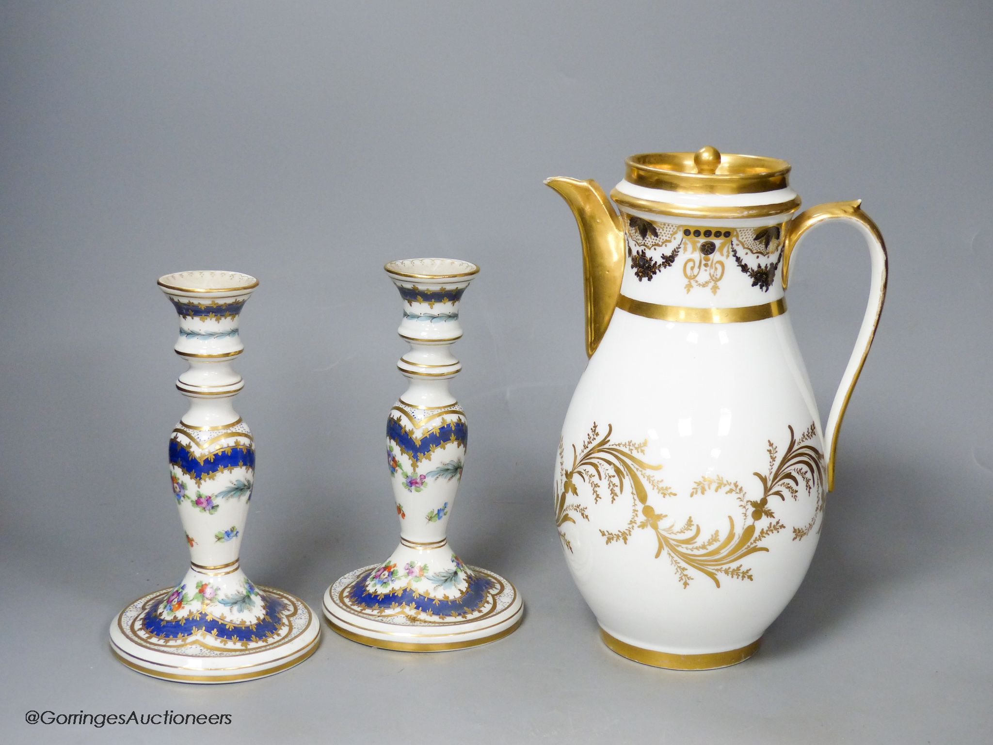 A 19th century Paris porcelain coffee pot and a pair of Dresden candlesticks, tallest 24cm - Image 2 of 5