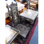 A pair of 19th century ivory inlaid ebony hall chairs and a similar table, table, W-80, D-56, H-
