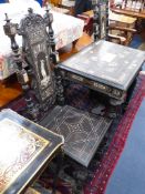 A pair of 19th century ivory inlaid ebony hall chairs and a similar table, table, W-80, D-56, H-