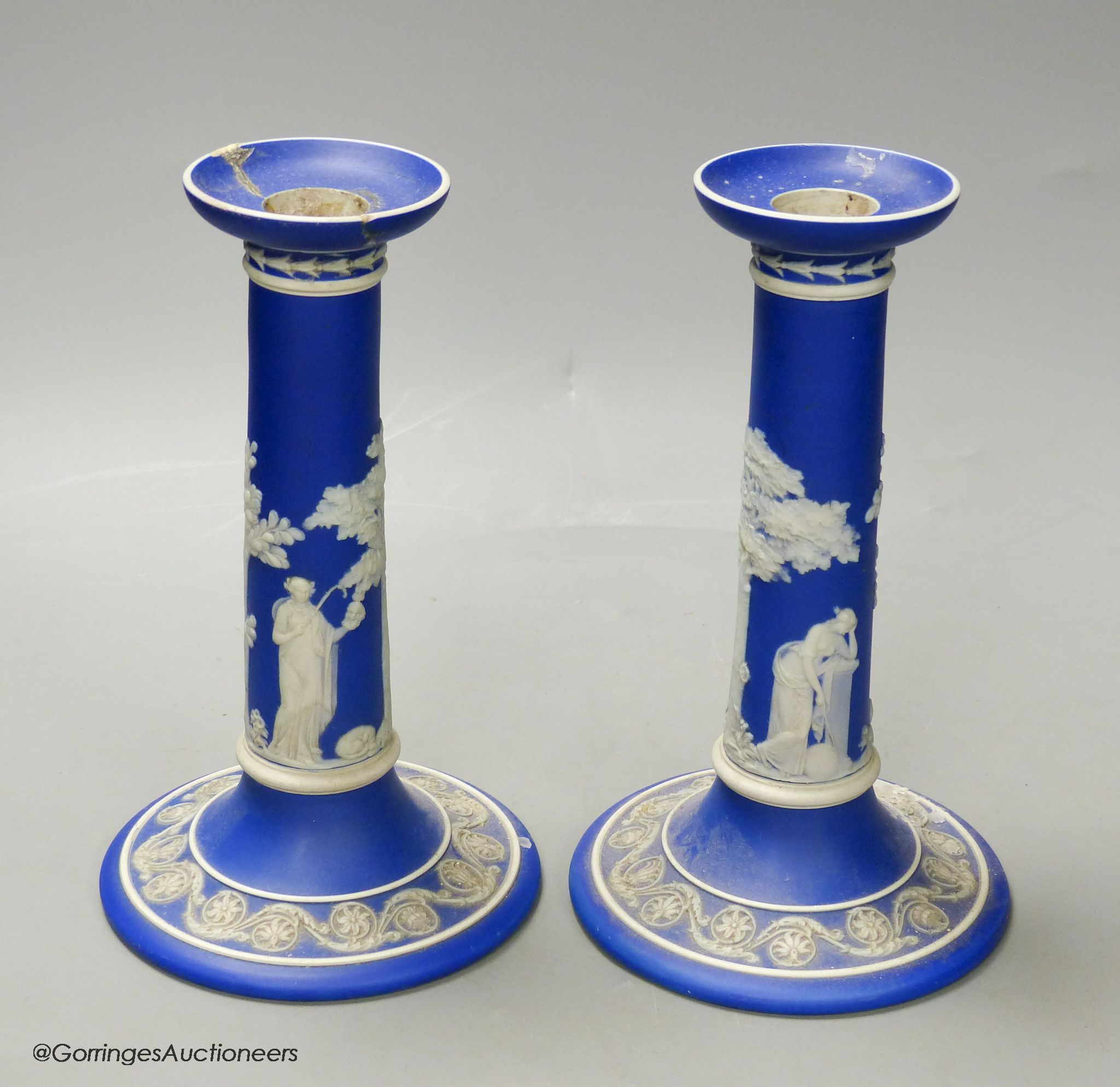 A pair of 19th century Wedgwood blue jasper candlesticks, height 20cm (a.f.) - Image 2 of 4