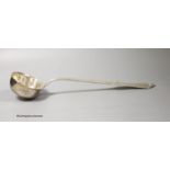 A German 800 standard white metal soup ladle, with engraved initial (a.f.), 36.7cm, gross 8oz.