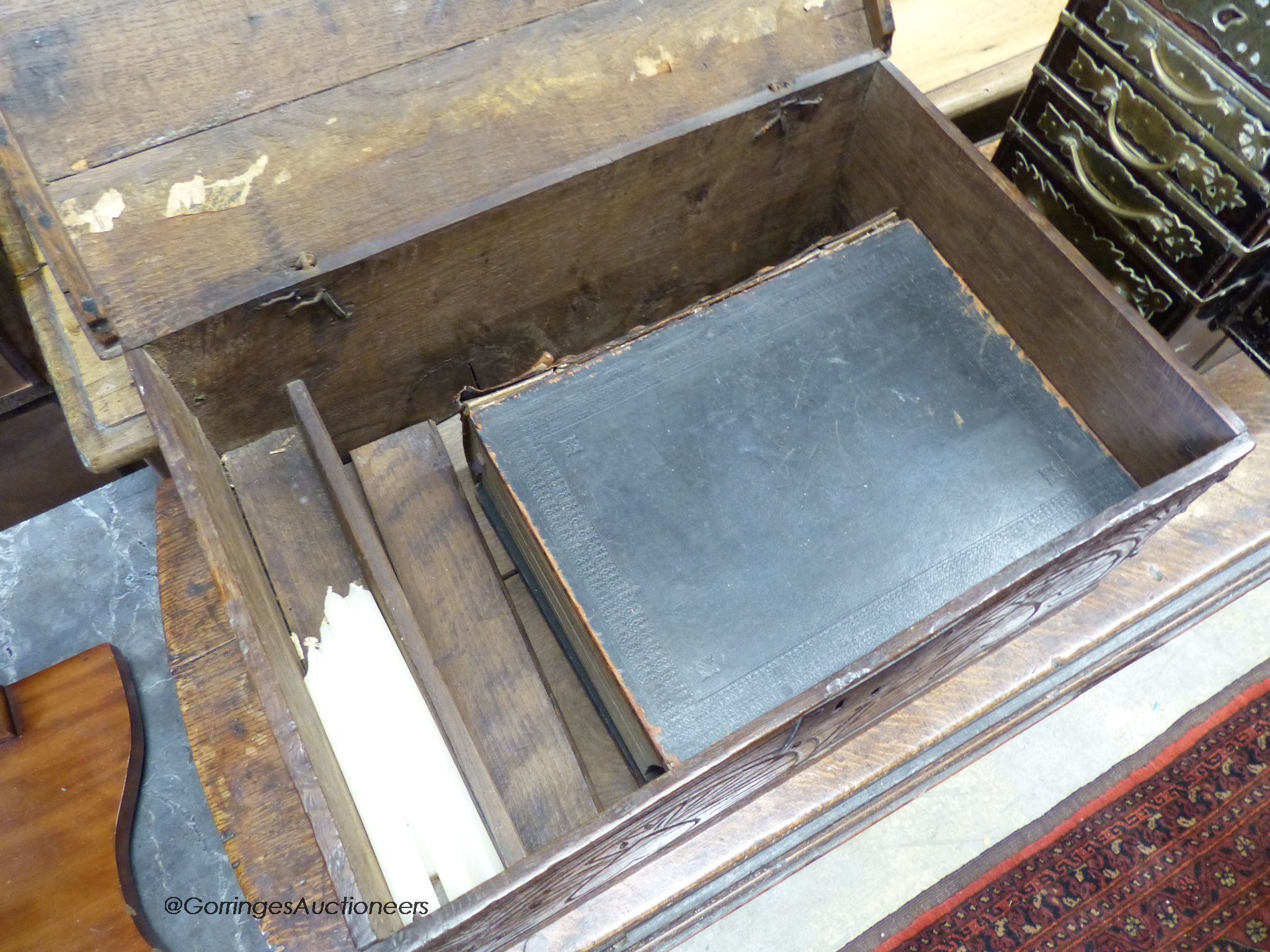 A 17th century carved oak bible box with bible, width 56cm, depth 36cm, height 22cm - Image 4 of 6